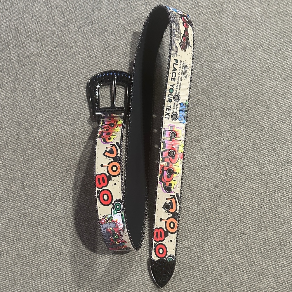 Genuine Leather Graffiti Belt with Rhinestone Buckle